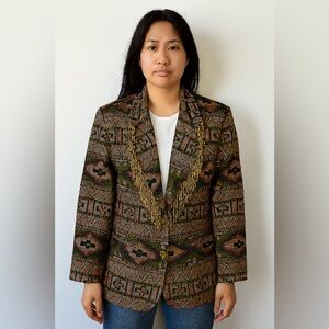 Vintage David David Brown Cotton Blend Southwestern Blazer w/ Beaded Lapel Sz. L